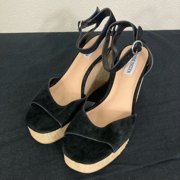 Steve Madden Black‎ Suede Wedge Heels Platform Ankle Strap Party Size 8.5 - Picture 3 of 13